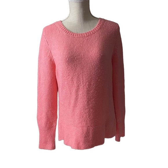 Lou & Grey Vibrant Peach Knit Stretch Ribbed Cuff & Waist Crew Neck Sweater Lrg - Picture 1 of 10